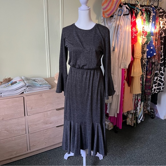 JOE FRESH Grey Long-Sleeve Jersey Stretch Modest Dress Ruffle Hem Bell Sleeve S - Picture 2 of 16